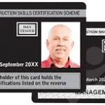 An illustration of a construction skills certification scheme card with sample holder information and photos.