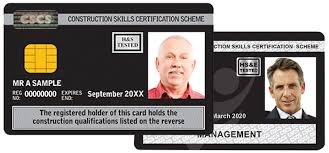 An illustration of a construction skills certification scheme card with sample holder information and photos.